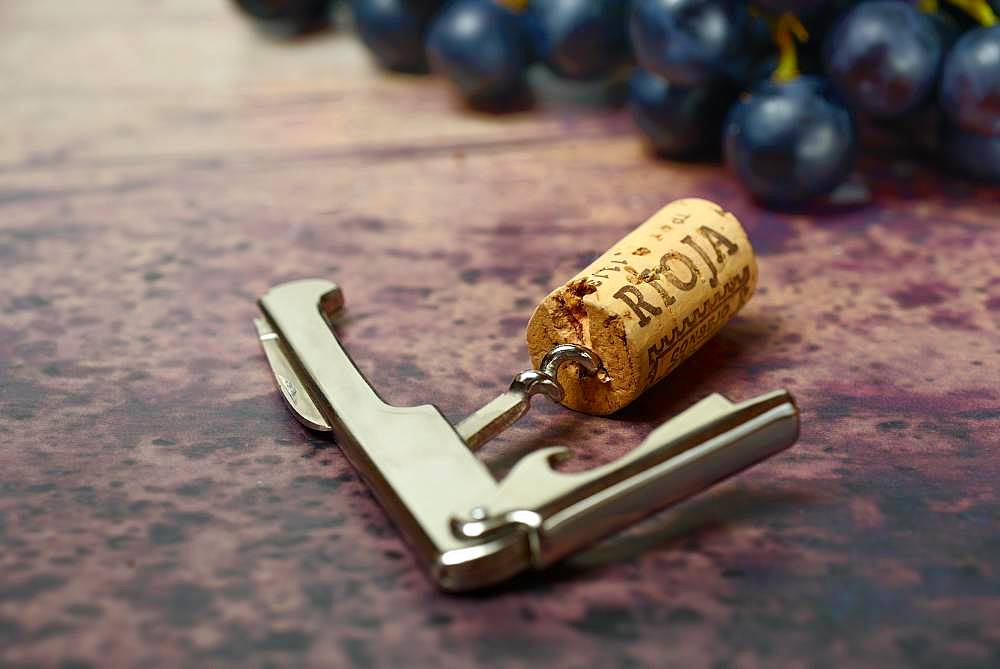 Corks with corkscrew and grapes, Germany, Europe