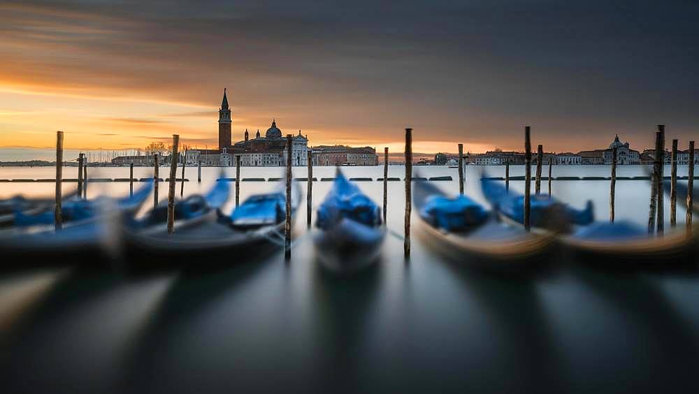 Gondolas at St. Mark's Square with San Giorgio Maggiore, Venice, Italy, Europe