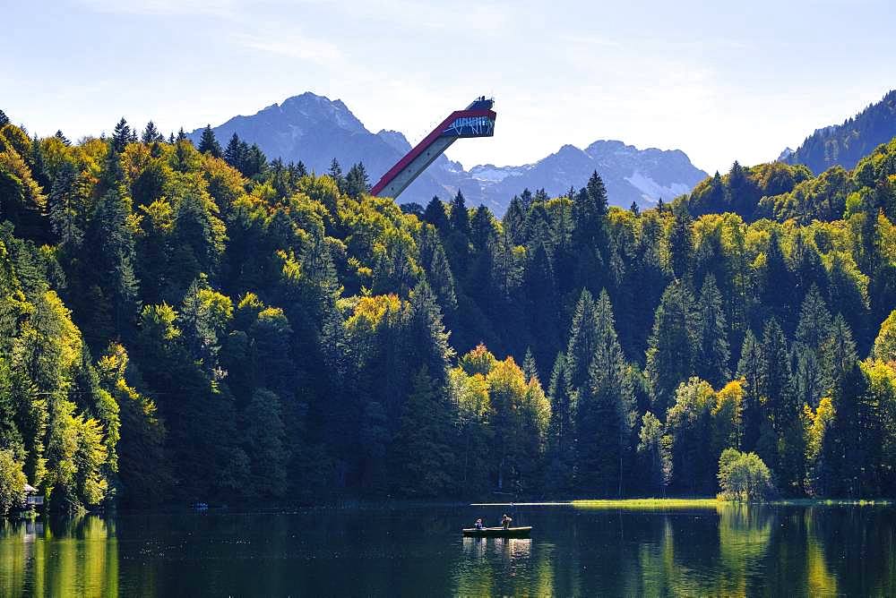 Lake Freiberg and Heini-Klopfer ski jump, near Oberstdorf, Oberallgaeu, Allgaeu, Swabia, Bavaria, Germany, Europe