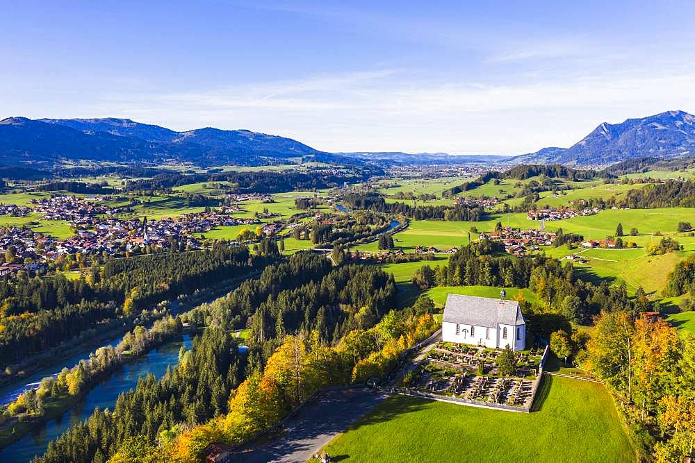 Castle church St. Michael in Schoellang and fishing in the Allgaeu, Iller, Illertal, drones shot, Oberallgaeu, Allgaeu, Swabia, Bavaria, Germany, Europe