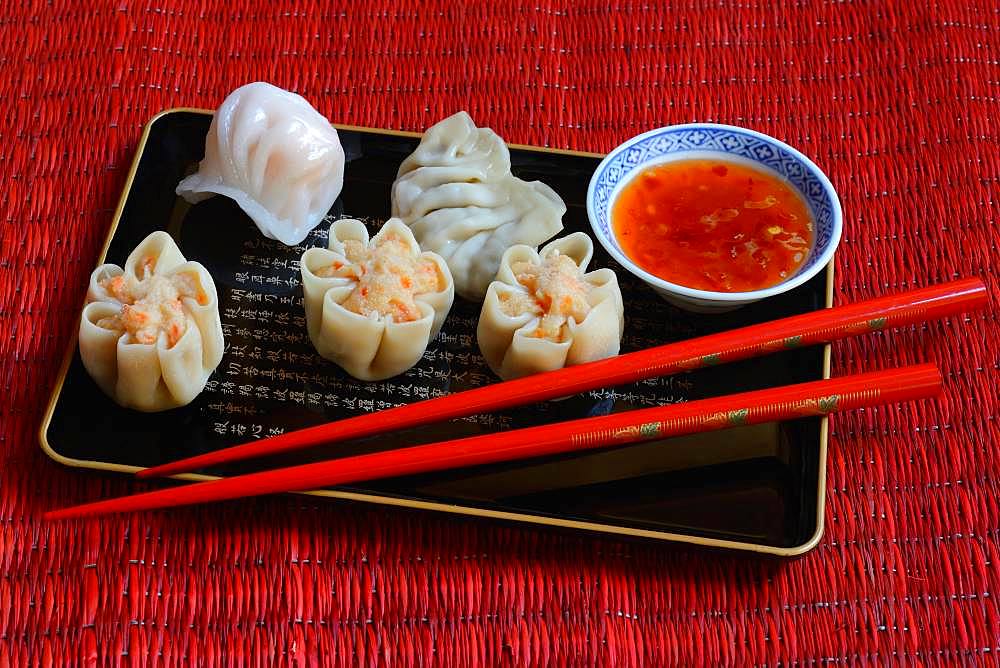 Dim Sum, filled dumplings on tray with red chopsticks and chilli sauce, Germany, Europe