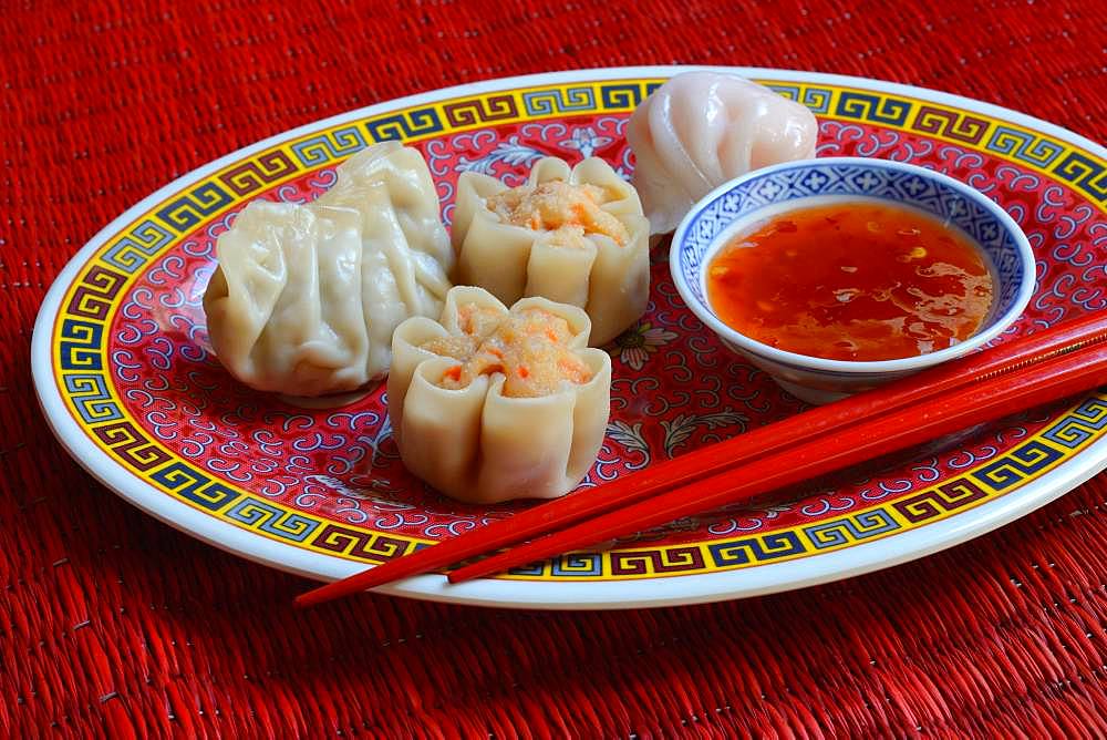 Dim Sum, filled dumplings on plate with red chopsticks and chilli sauce, Germany, Europe