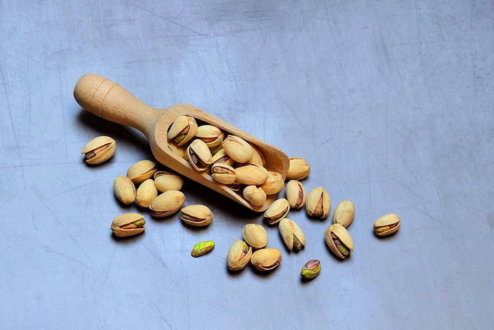 Pistachios with wooden shovel, Pistachio, Germany, Europe