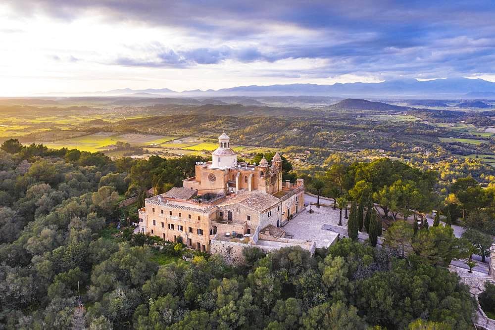 Monastery Santuari de Bonany in the evening light, near Petra, drone picture, Majorca, Balearic Islands, Spain, Europe