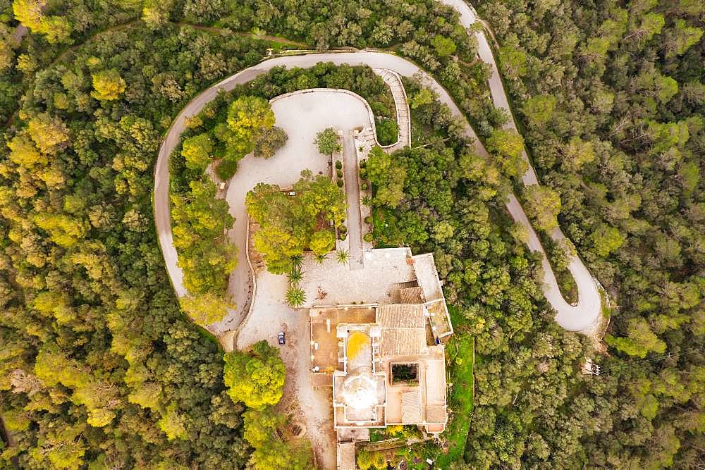 Monastery Santuari de Bonany from above, near Petra, drone picture, Majorca, Balearic Islands, Spain, Europe