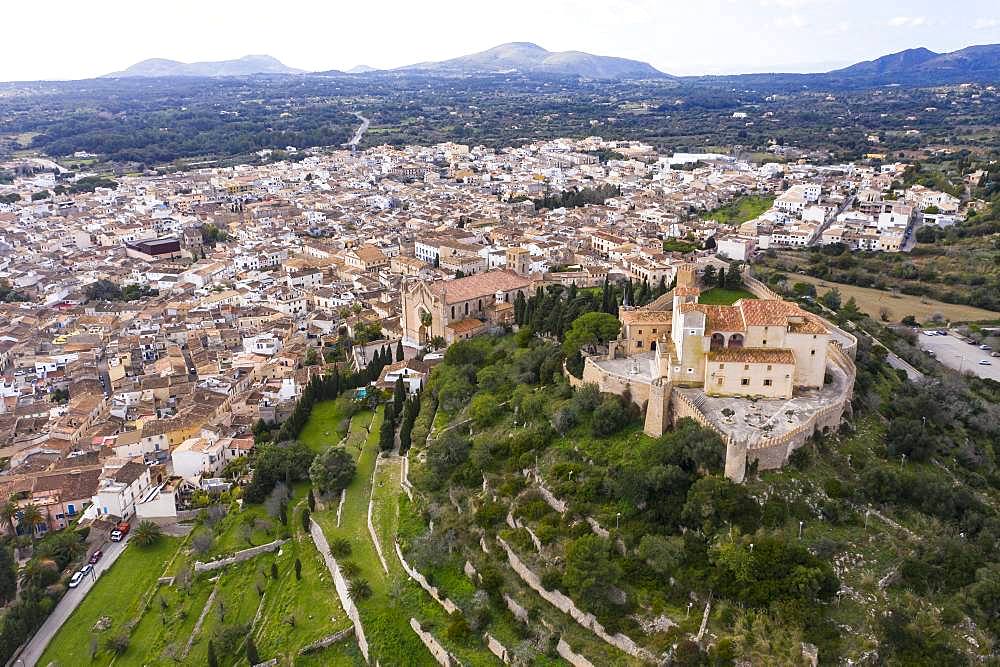 Aerial photos, Arta with parish church Transfiguracio del Senyor and monastery Santuari de Sant Salvador at the Calvary, Majorca, Balearic Islands, Spain, Europe