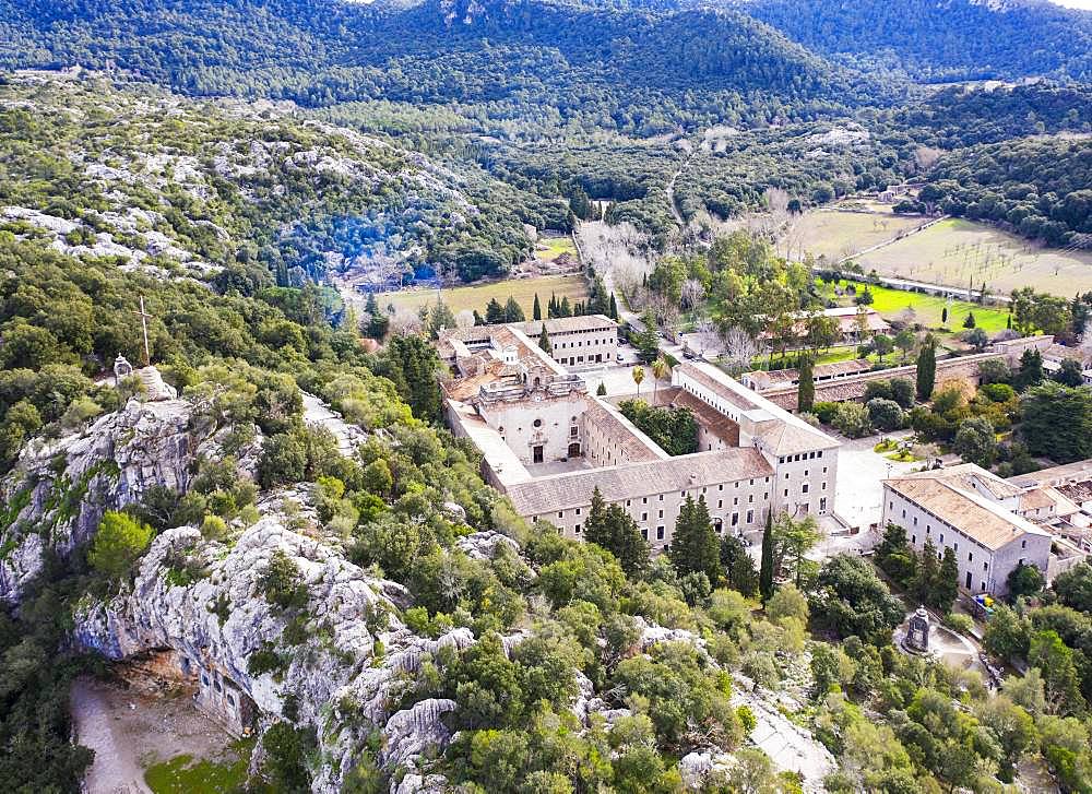 Lluc Monastery, Santuari de Lluc, Serra de Tramuntana, drone recording, Majorca, Balearic Islands, Spain, Europe