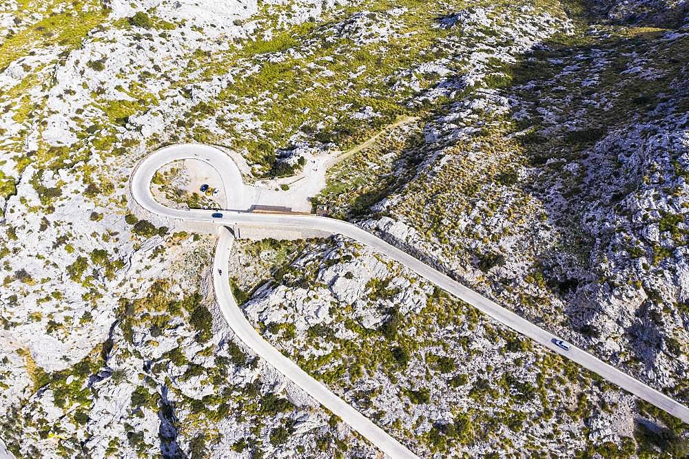 Serpentine road MA-2141 with tie knots Sa Moleta, Sa Calobra, Serra de Tramuntana, drone recording, Majorca, Balearic Islands, Spain, Europe