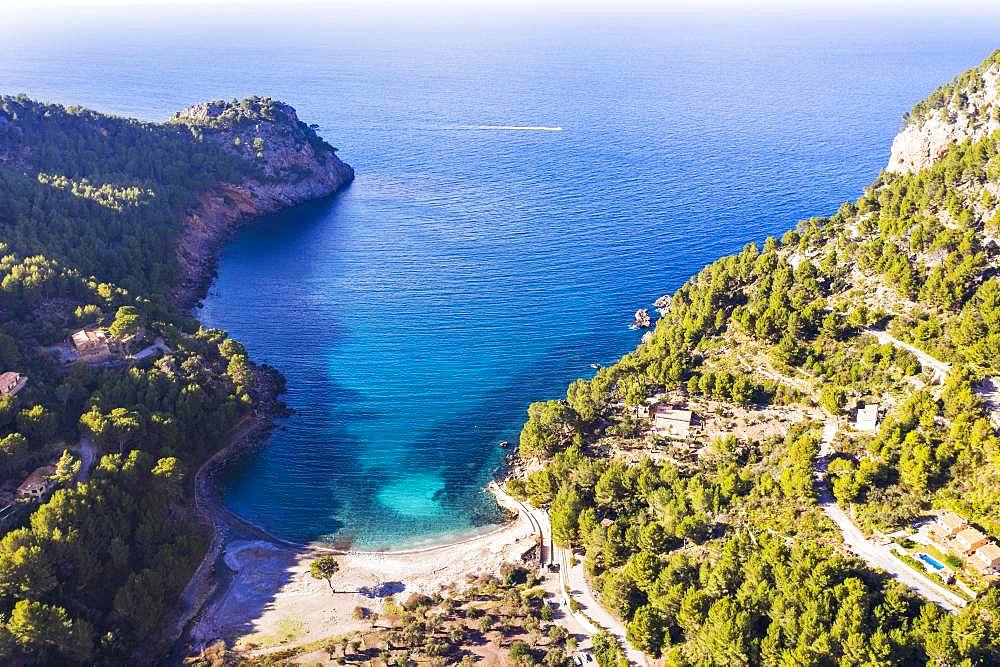 Bay Cala Tuent, Serra de Tramuntana, drone recording, Majorca, Balearic Islands, Spain, Europe