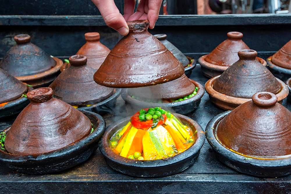 Vegetables prepared in tajine, Marrakech, Morocco, Africa