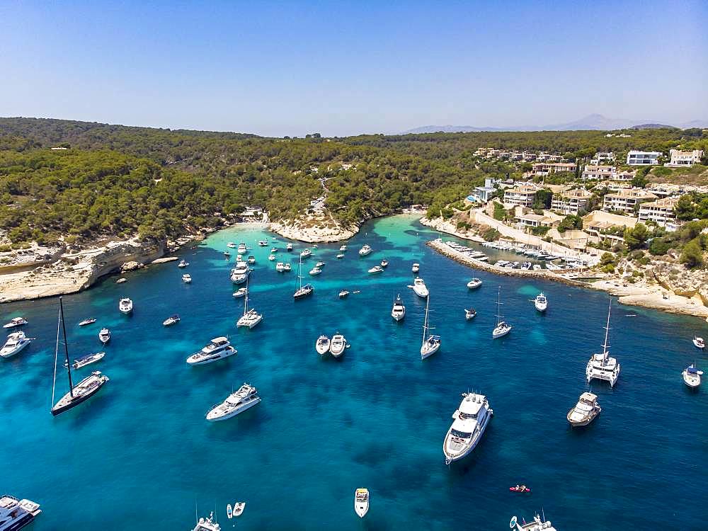 Drone shot, view over the Five Finger Bay of Portals Vells, Majorca, Balearic Islands, Spain, Europe