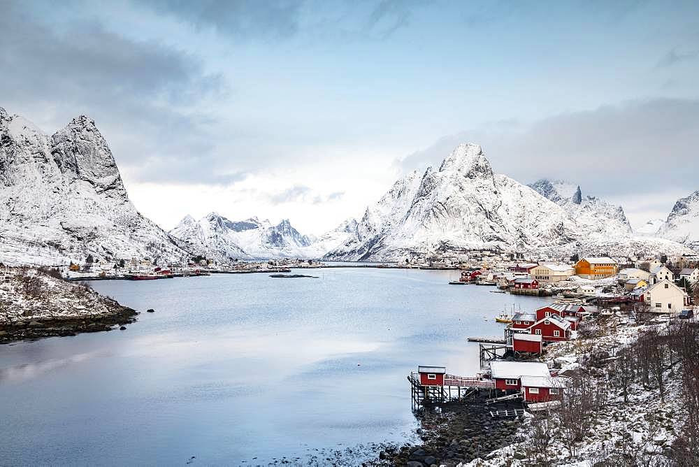 Fishing village Reine in winter, Reinefjord, Moskenesoy, Lofoten, Norway, Europe