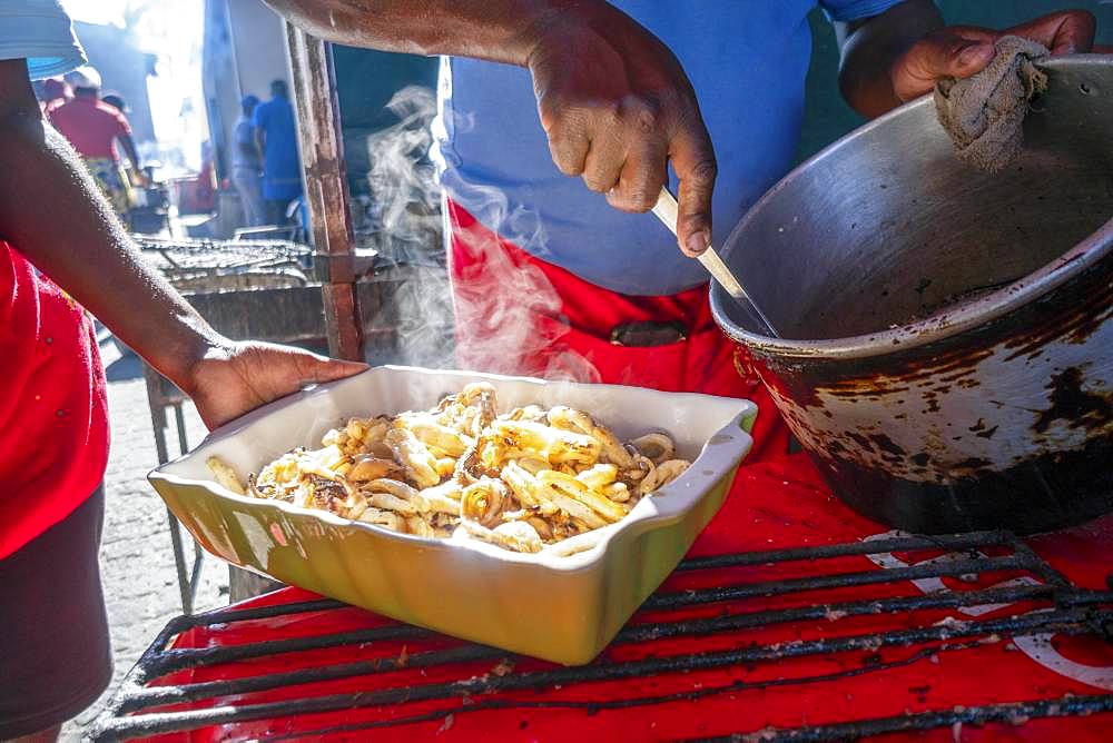 Freshly cooked seafood put on the platter in restaurant of Maputo, Mozambique, Africa