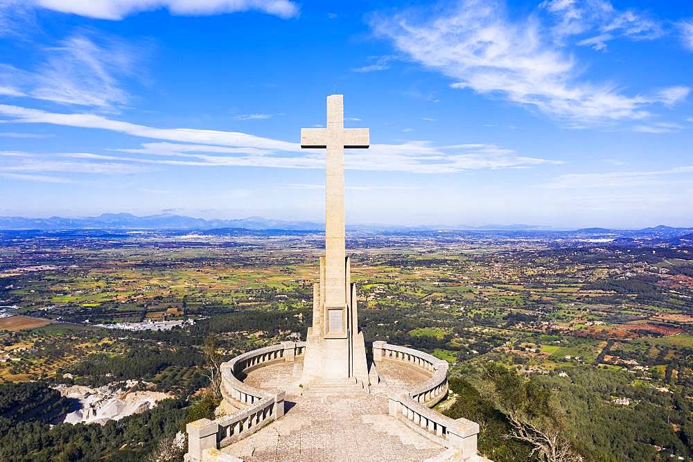 Stone cross Creu de Picot on Puig des Mila, Puig de Sant Salvador, near Felanitx, Migjorn region, aerial view, Majorca, Balearic Islands, Spain, Europe