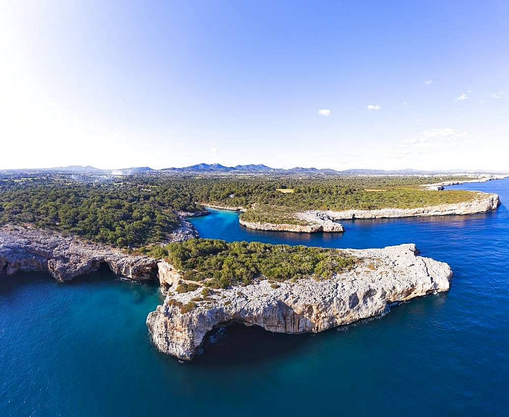 Cala Sa Nau with Forat d'en Mengo, near Cala d'Or, Migjorn region, drone shot, Majorca, Balearic Islands, Spain, Europe