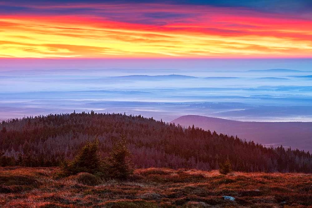 Dawn on the Brocken, view over hills and forests with valley fog, Harz National Park, Saxony-Anhalt, Germany, Europe