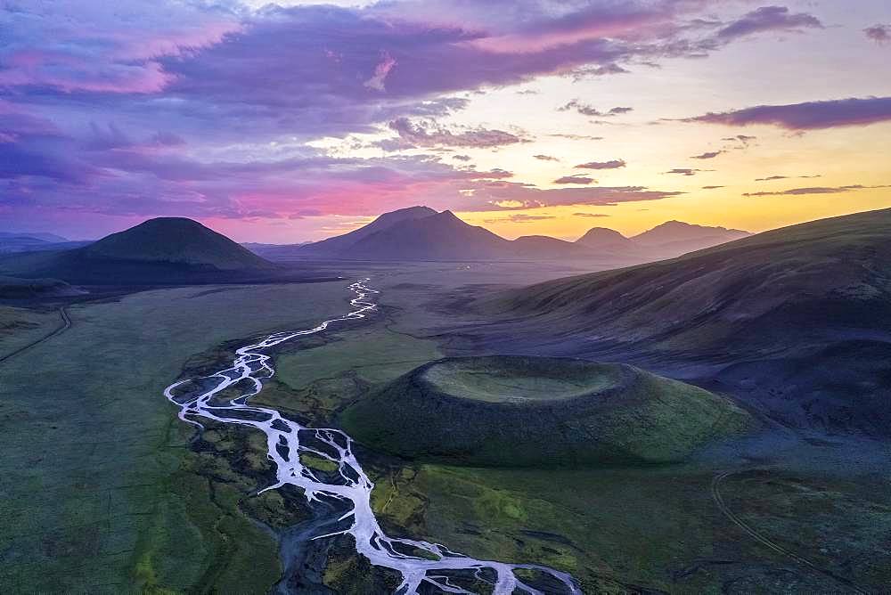 Aerial view, volcanic crater, interlaced river, Landmannalaugar region, Icelandic highlands, Iceland, Europe