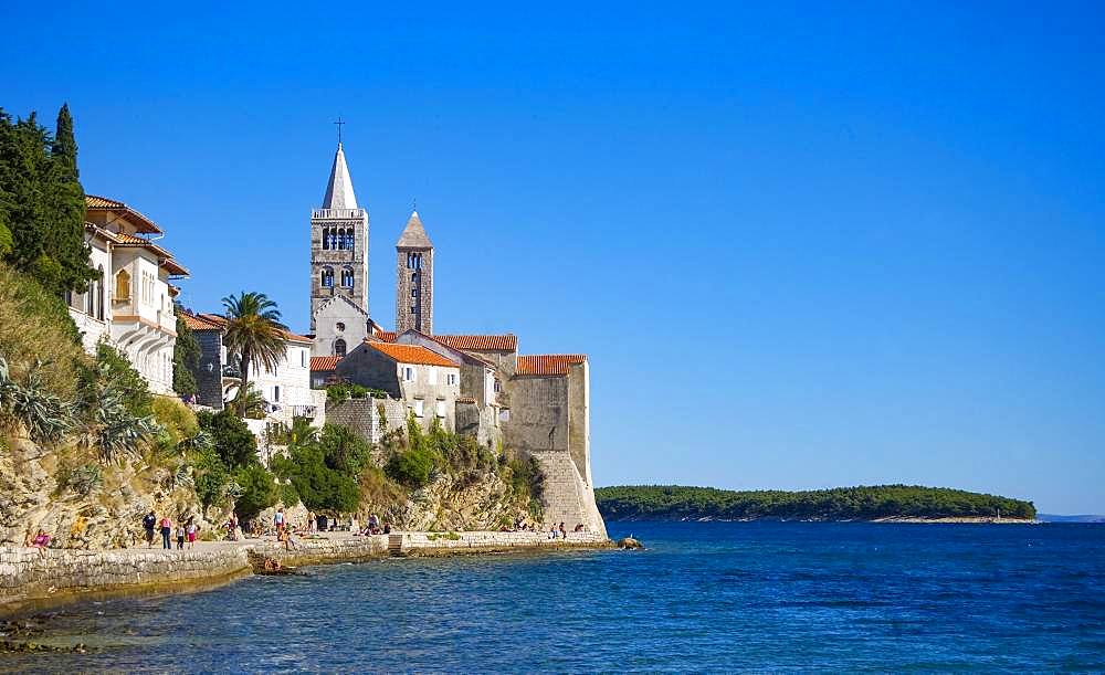 Belfry of the Church of St. John, promenade of the medieval town of Rab, Island of Rab, Kvarner Gulf Bay, Croatia, Europe