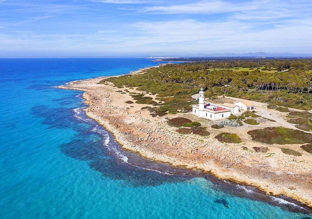 Lighthouse at Cap de ses Salines, southernmost point of Majorca, Migjorn region, Mediterranean Sea, aerial view, Majorca, Balearic Islands, Spain, Europe