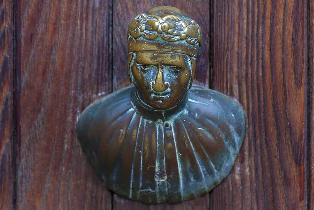 Male bronze figure as doorknob, Venice, Veneto, Italy, Europe