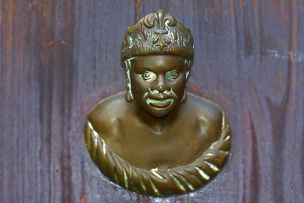 Male bronze figure as doorknob, Venice, Veneto, Italy, Europe