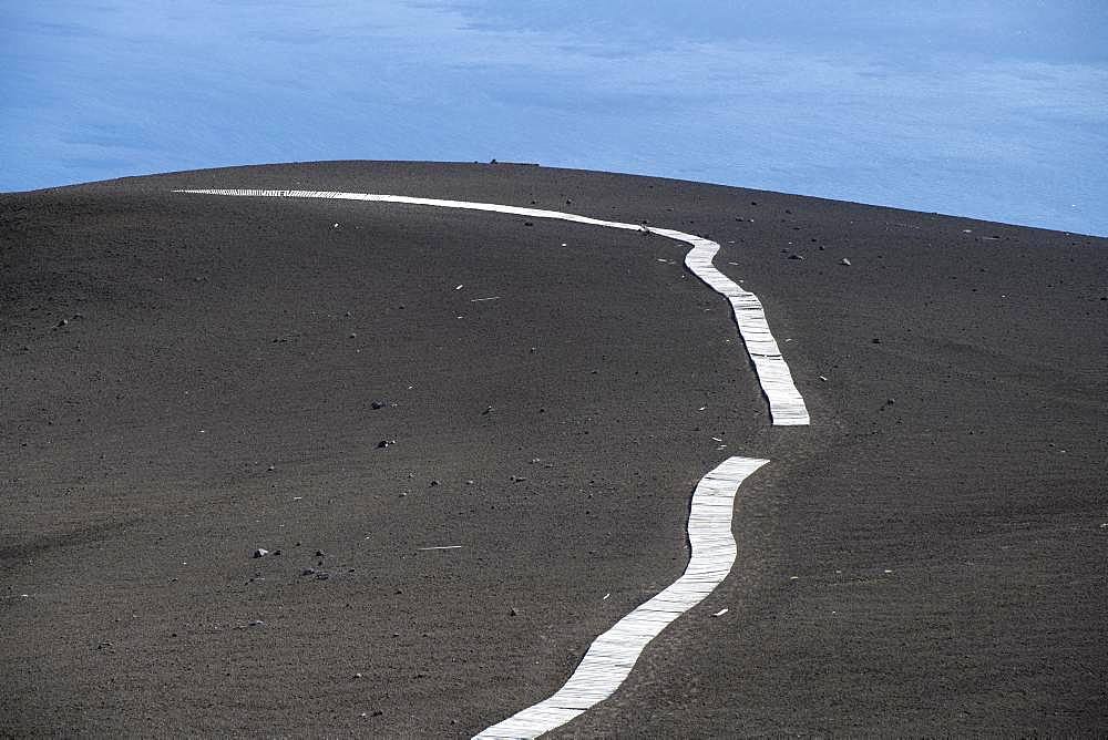 Path made of wooden planks on the Osorno volcano, Vicente Perez Rosales National Park, Region de los Lagos, Chile, South America