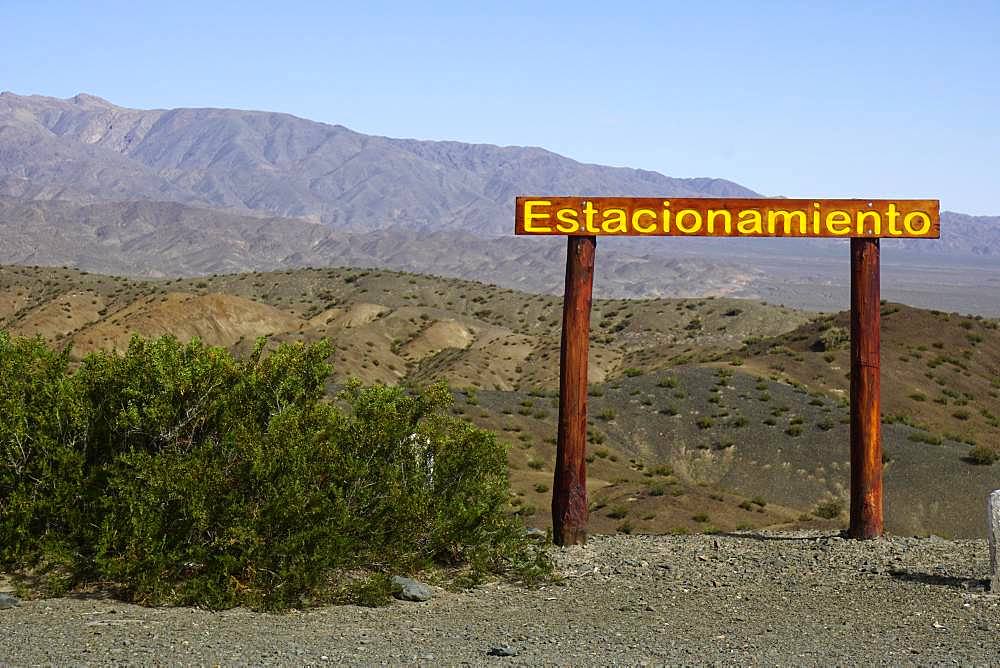 Sign parking lot near Uspallata, Mendoza province, Argentina, South America