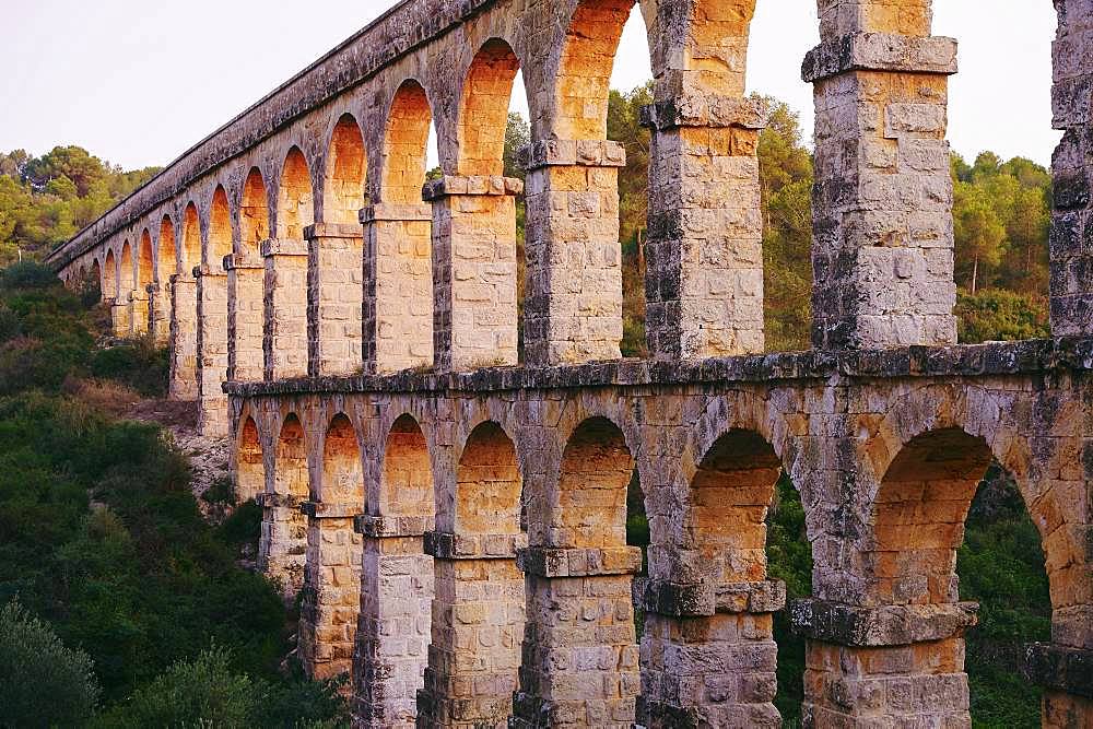 Old roman aqueduct, Aqueeducte de les Ferreres, Devil's Bridge, Pont del Diable, Catalonia, Spain, Europe