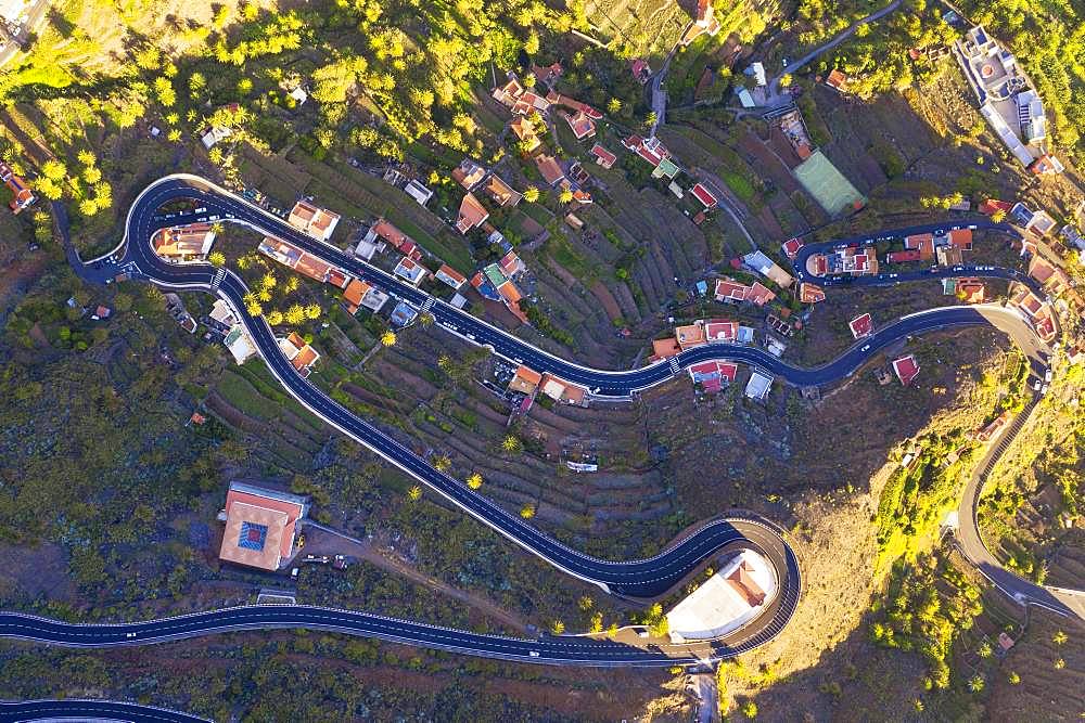 Serpentines and church San Antonio, Valle Gran Rey, aerial view, La Gomera, Canary Islands, Spain, Europe