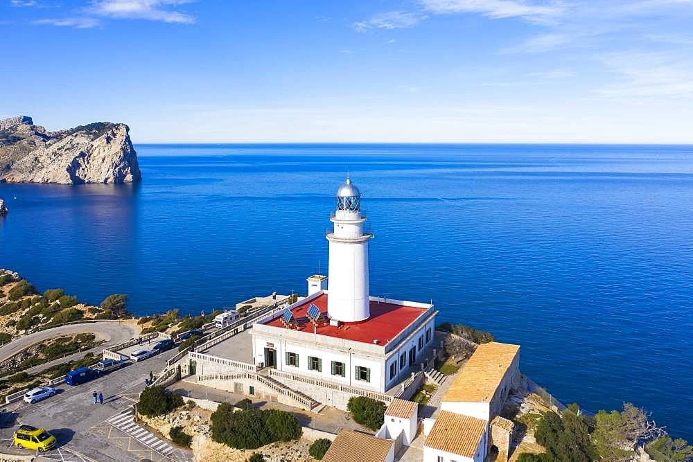 Lighthouse at Cap Formentor, Formentor peninsula, near Pollenca, drone shot, Majorca, Balearic Islands, Spain, Europe