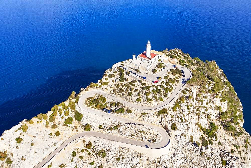 Lighthouse at Cap Formentor, Formentor peninsula, near Pollenca, drone shot, Majorca, Balearic Islands, Spain, Europe