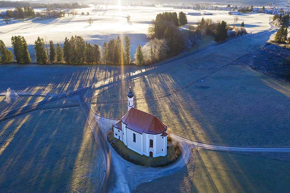 Pilgrimage church St. Leonhard, Leonhardikapelle, near Dietramszell, drone recording, Upper Bavaria, Bavaria, Germany, Europe