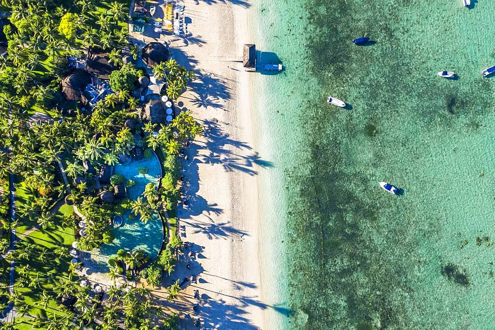 Aerial view, Idyllic palm beach, luxury hotel La Pirogue Resort & Spa, Flic en Flac, Mauritius, Africa