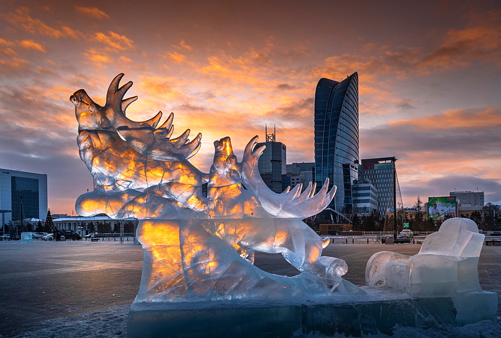 Iced sculpture, deer and carriage, New year street decoration, Ulaanbaatar city, Mongolia, Asia