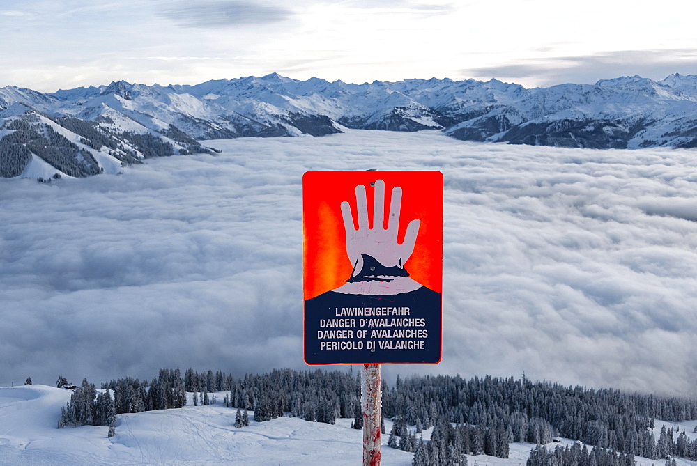 Avalanche danger sign in a skiing area, Brixen im Thale, Tyrol, Austria, Europe