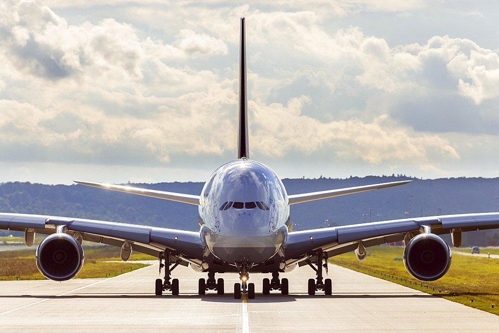 Lufthansa Airbus A 380 on the runway, Stuttgart, Baden-Wuerttemberg, Germany, Europe