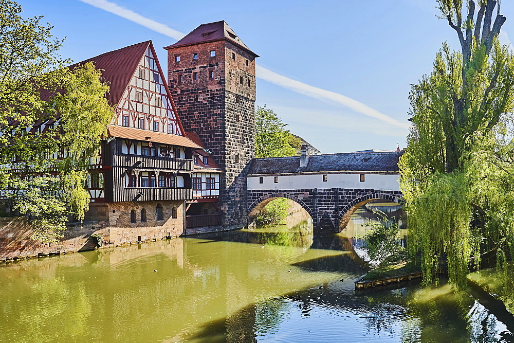 View of the Wasserturm and the Henkerbruecke at the Pegnitz River, Nuremberg, Franconia, Bavaria, Germany, Europe