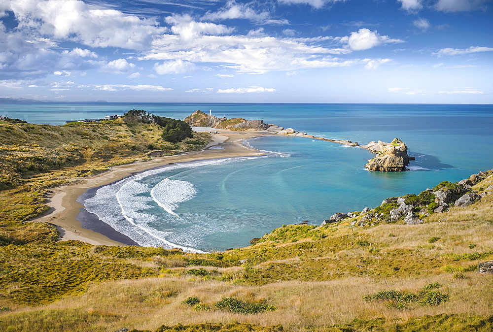 Beach with turquoise sea at Castlepoint Lighthouse, Masterton, Wellington, North Island, New Zealand, Oceania