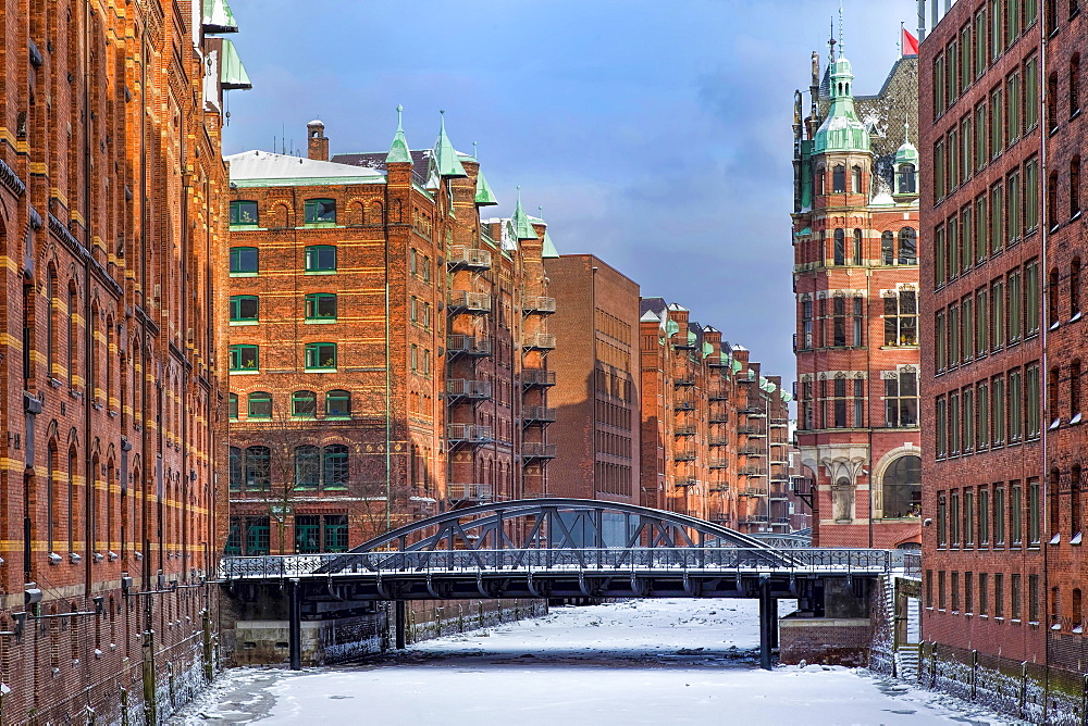 Speicherstadt in winter with snow, Hamburg, Germany, Europe