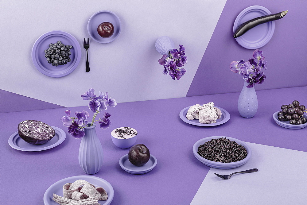 Laid table in violet, perspective, surreal, eggplant, red cabbage, rice, yogurt, grapes, apple, flowers, cauliflower, still life, food photography, studio photography, Italy, Europe