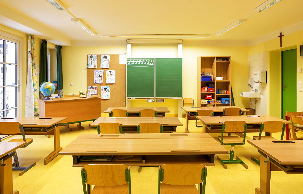 Empty classroom with blackboard, Upper Austria, Austria, Europe