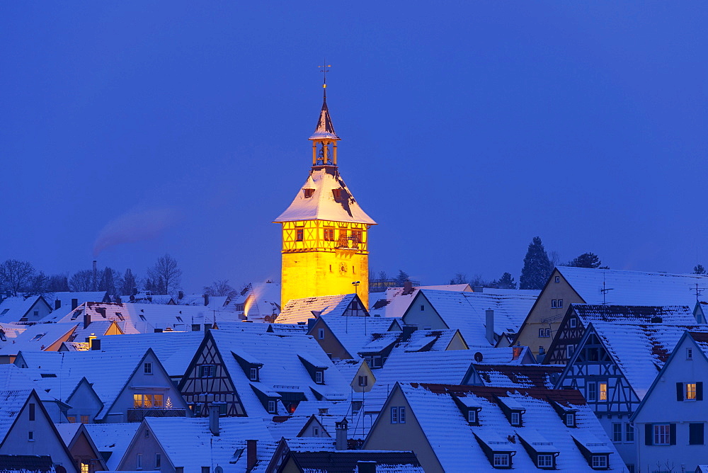 View over the roofs of the old town with church tower, Marbach am Neckar, Baden-Wuerttemberg, Germany, Europe