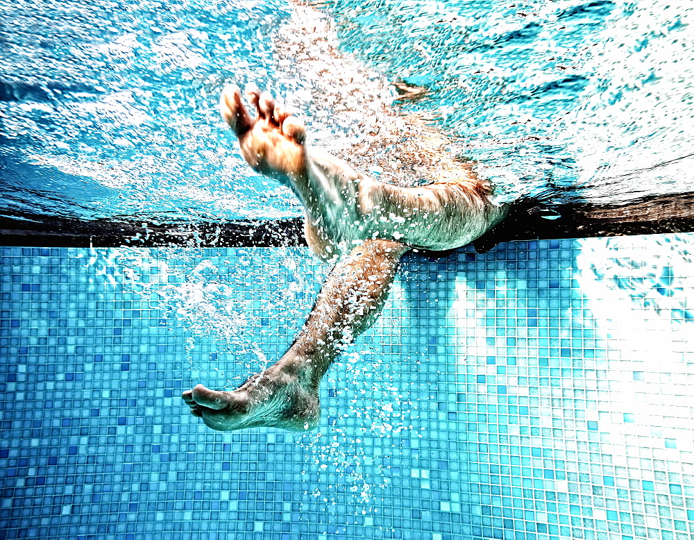 Men's feet, feet under water, gymnastics under water, water gymnastics, Germany, Europe