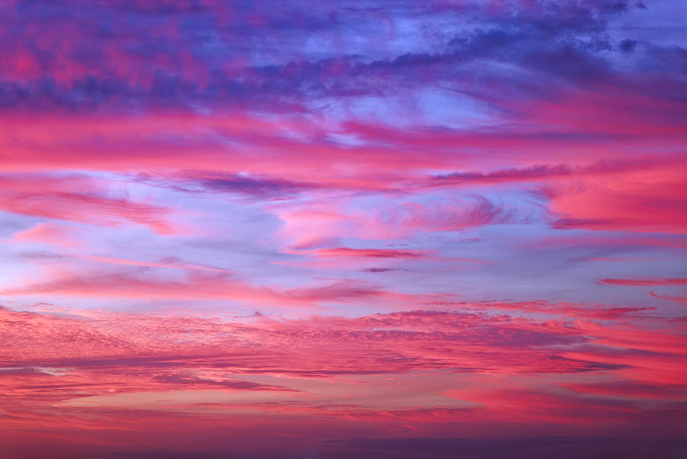 Sunset, red clouds in the blue sky, Franconia, Bavaria, Germany, Europe