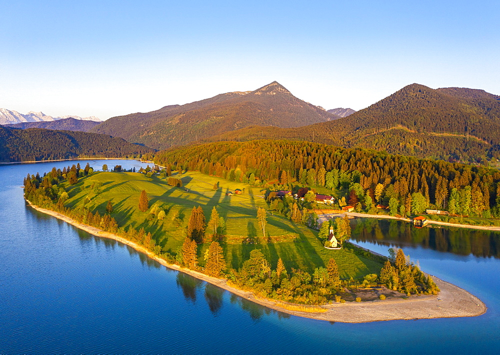 Walchensee with peninsula dwarfs in the morning light, Simetsberg, drone image, Upper Bavaria, Bavaria, Germany, Europe