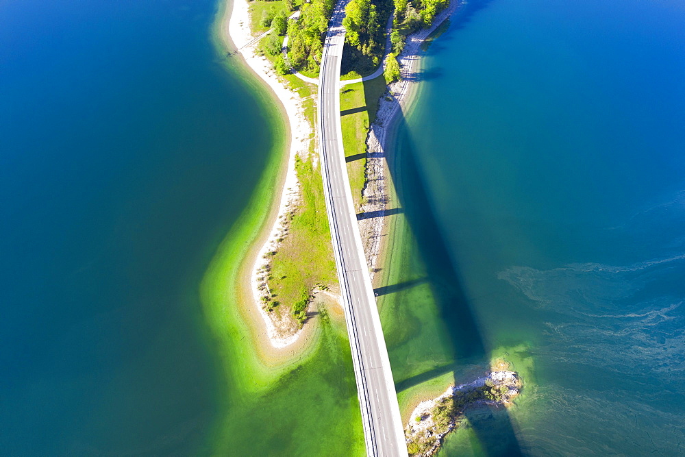 Faller-Klamm-Bridge, Sylvensteinsee, near Lenggries, Isarwinkel, drone recording, Upper Bavaria, Bavaria, Germany, Europe