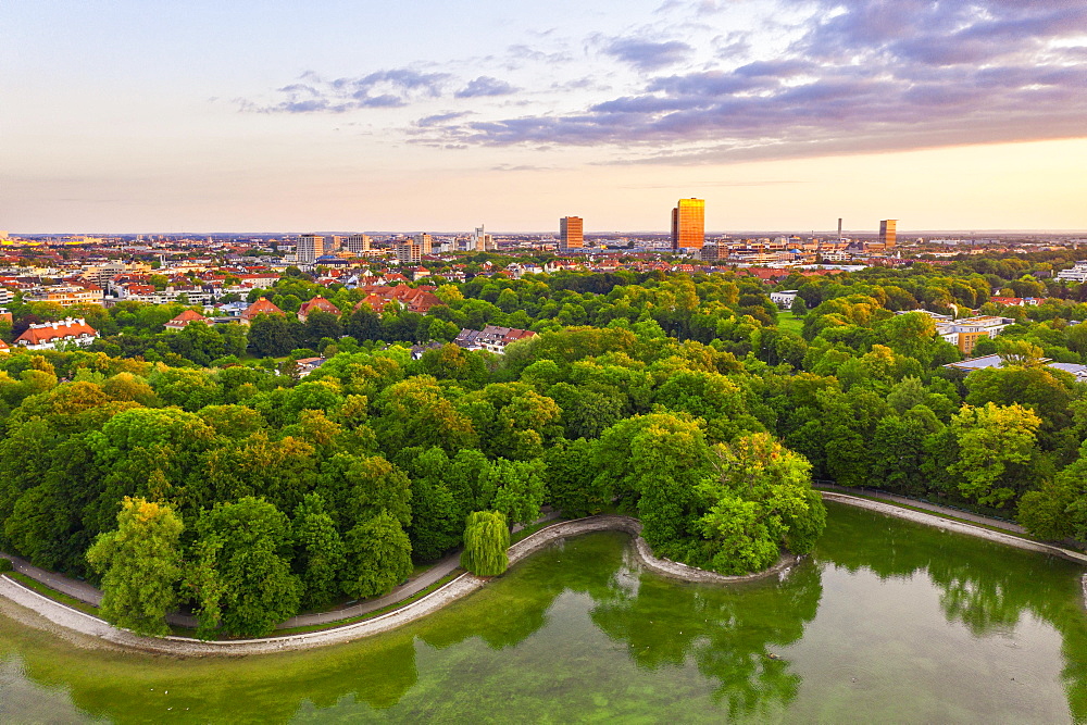 Kleinhesseloher See, English Garden, View of Schwabing and Freimann in the morning light, Munich, Aerial view, Upper Bavaria, Bavaria, Germany, Europe