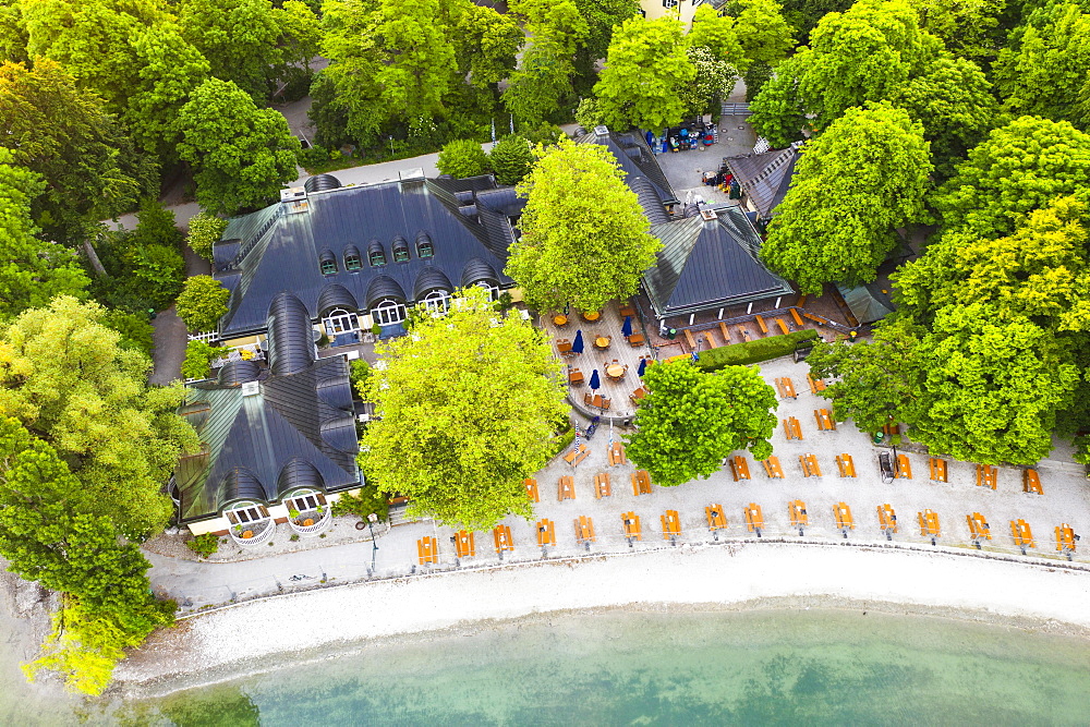 Beer garden and restaurant Seehaus am Kleinhesseloher See, English Garden, Munich, aerial view, Upper Bavaria, Bavaria, Germany, Europe