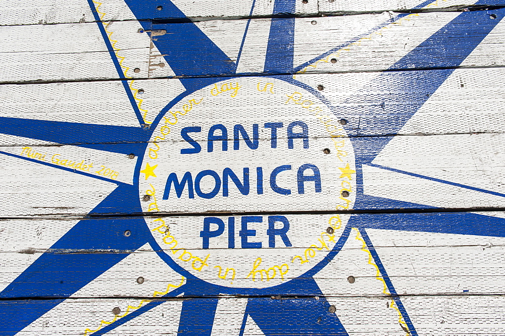 Painting on wood, lettering Santa Monica Pier, Santa Monica, Los Angeles County, California, USA, North America