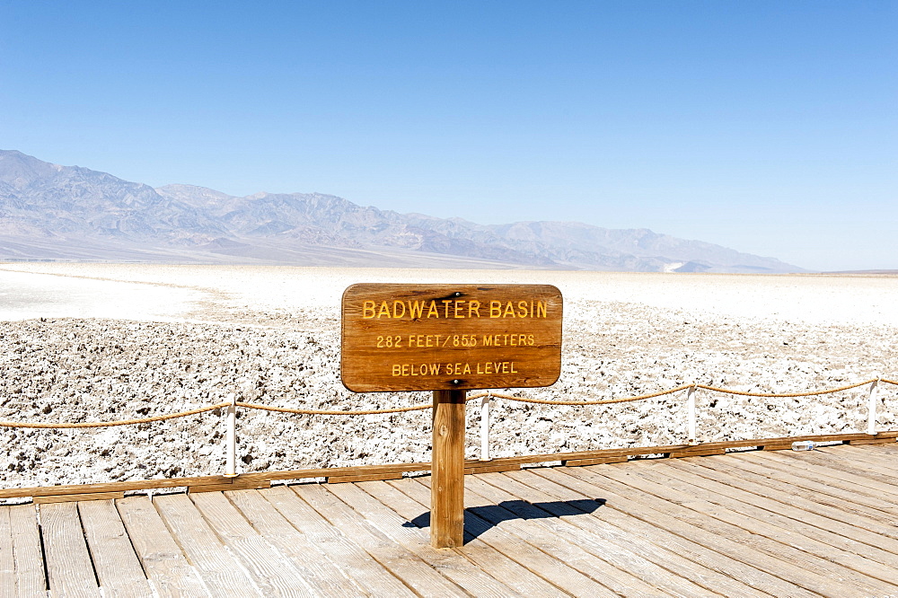 Salt plain, sign Badwater Basin, Death Valley National Park, California, USA, North America